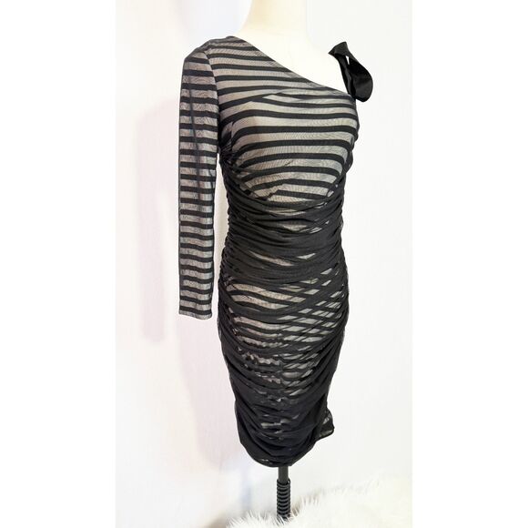 BCBG Max Azria | Black White Striped | One Sleeve Bodycon | Sz S - Picture 6 of 12